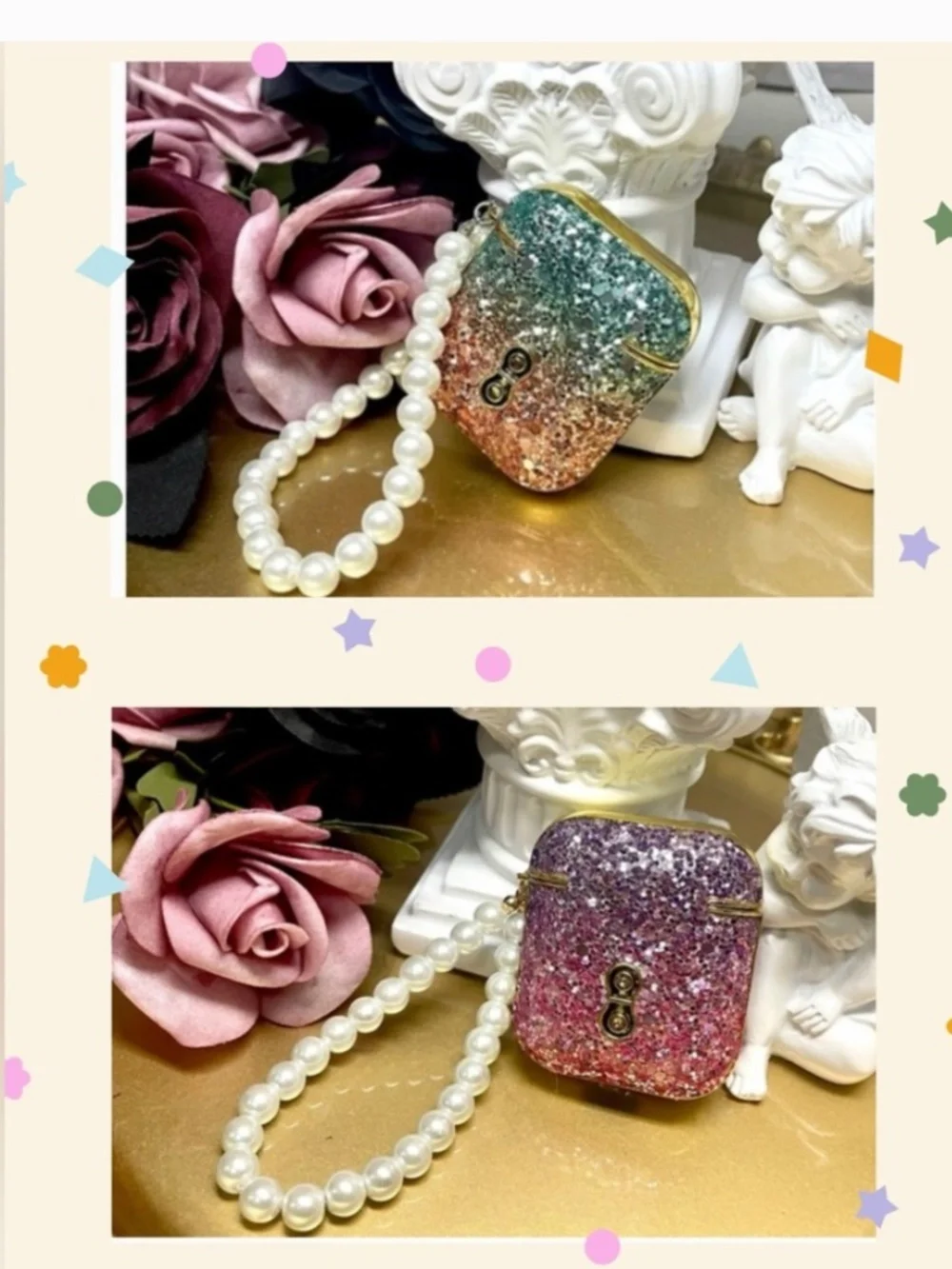 2 items.AirPods 1/2 luxury glitter gradient dazzled case with pearl chain